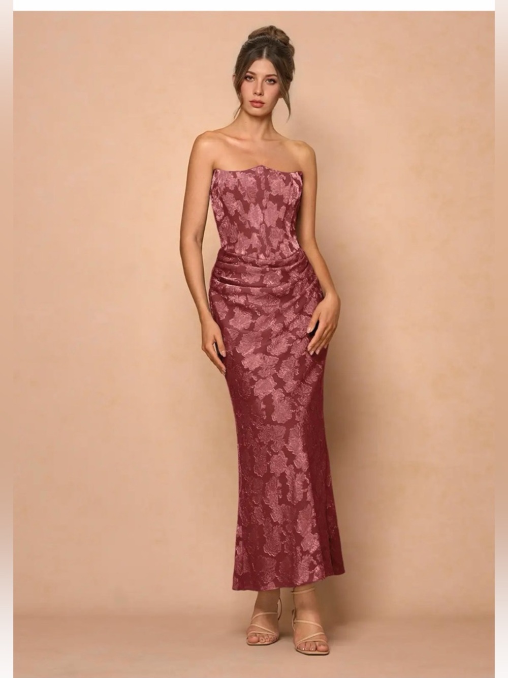 Azazie Strapless Floral Jacquard Column Dress in Dusty Rose